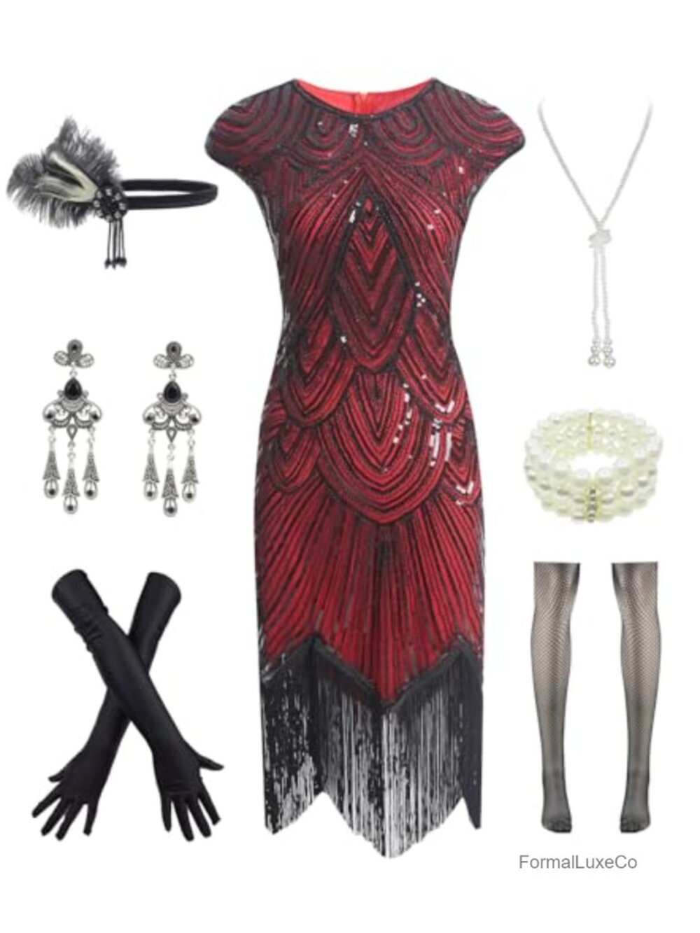 1920s Gatsby Sequin Cocktail Dress 9-Piece Accessory Set
